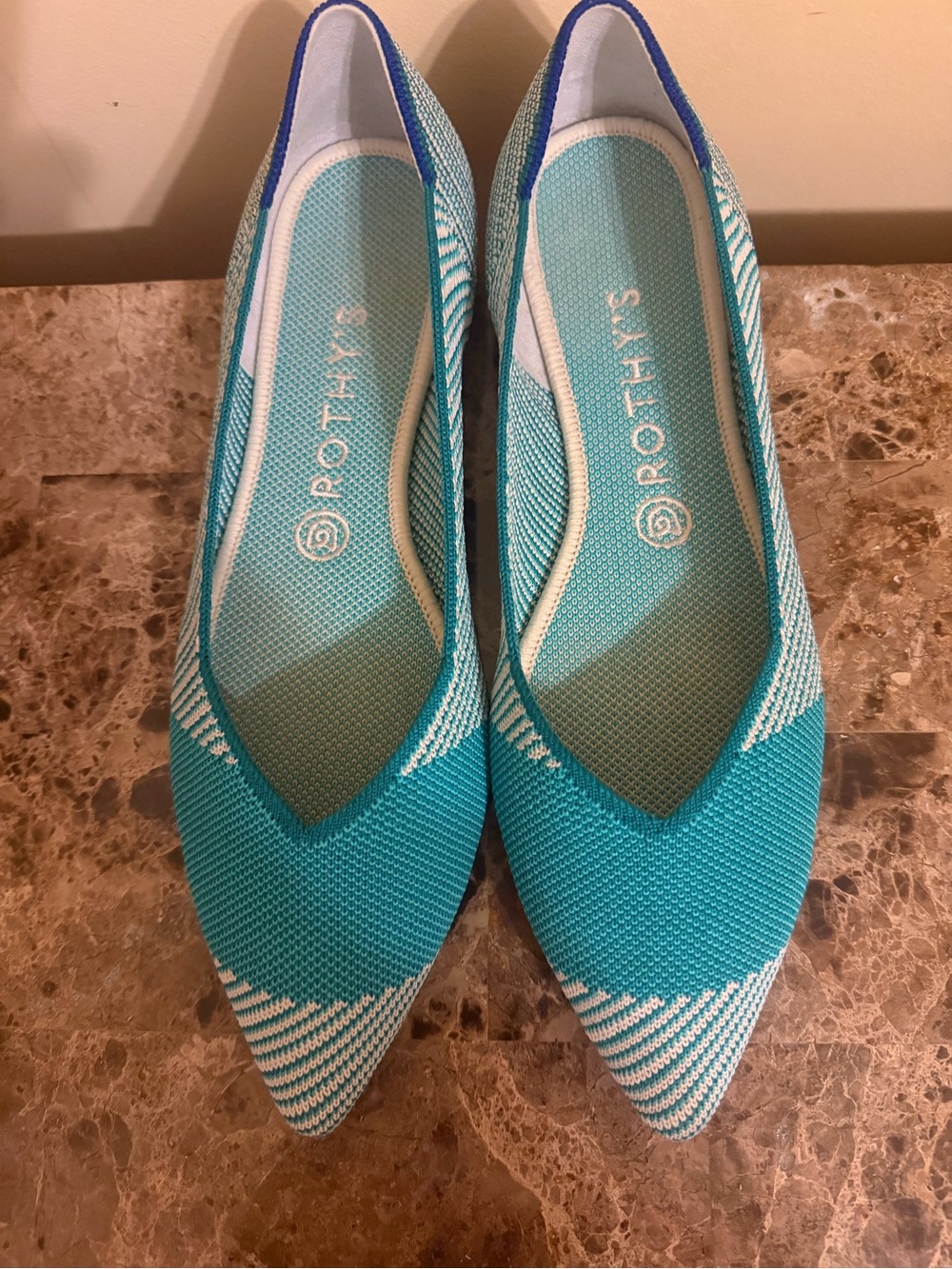 Rothy's Teal and White Pointed navy trim Knit Flats - Picture 2 of 5
